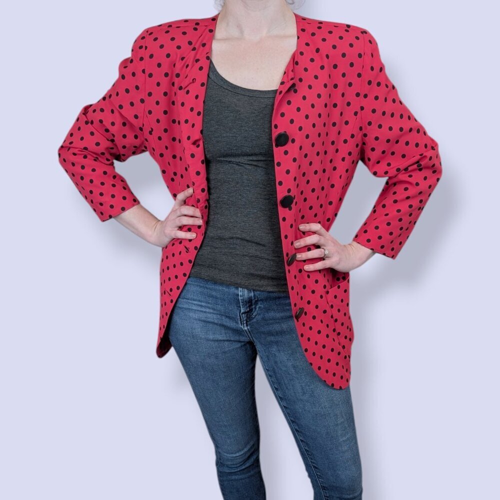 🍁V. Braemar Petites Pink & Black Polka Dot Long Blazer